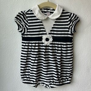 Italian Made Il Gufo Navy & White Striped Bubble w/ Collar & Flower Appliqué